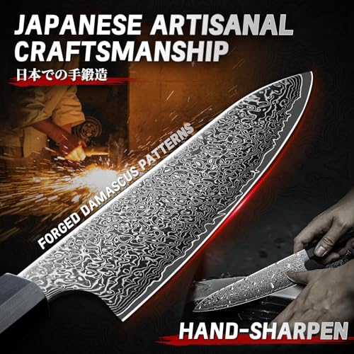 Image of TIVOLI Damascus Chef Knife 8 inch - Japanese Hand Forged Kitchen Knife | VG10 high-carbon steel, Japanese Artisanal Craftsmanship, G10 Carbon Fiber Handle, Gift Box, for Slicing, Dicing, Chopping