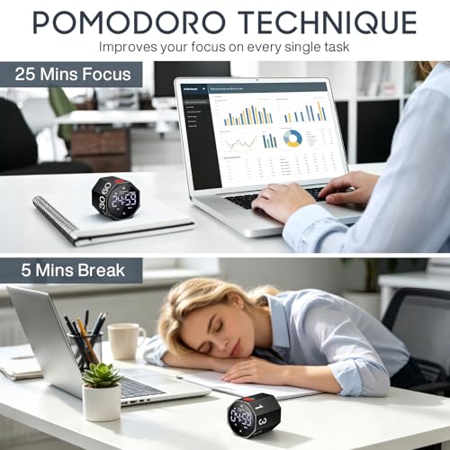 ADHD Pomodoro Timer Metal Gravity Rotation 1.8” LED Large Screen, Black - Image 3