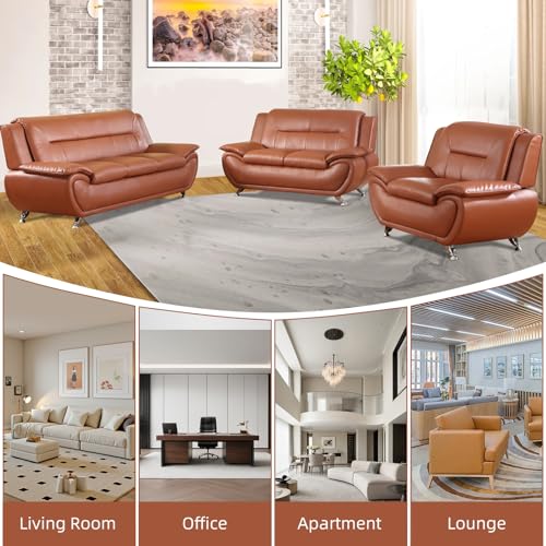 Image of Leather Sectional Couch, Furniture for Living Room, 3 - Piece Couch Set, Faux Leather Modern Sofa Loveseat Chair Set with Sturdy Legs for Living Room /Bedroom /Office,Bright Bronze