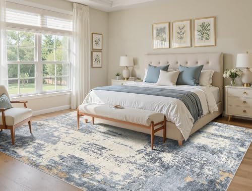8x10 Area Rug Living Room Rugs - Washable Neutral Modern Abstract Soft Thin Rug Indoor Floor No Slip Rug Carpet for Bedroom Under Dining Table Home Office Decor - Blue/Light Brown