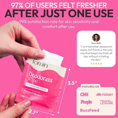 Image of FOMIN Acidified Deodorant Wipes for Women & Men - 50 Count | Patchouli Blossom - pH Balanced Mini Deodorant Wipes, Travel Size - Plastic-Free & Individually Wrapped Body Wipes