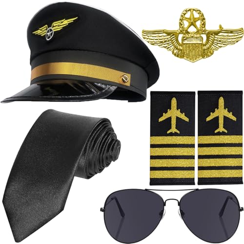 NANXJIUR 6 Pcs Airline Pilot Captain Costume Kit with Aviator Sunglasses Pilot Captain Hat Costume Accessories for Halloween Party Cosplay Supplies