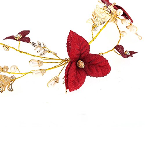 Nsls Wedding Headpiece Red Flower Gold Butterfly Hairbands Wedding Tiara Pearl Headbands Bridal Hair Girls Bridesmaid Jewelry Accessories (B) #TOP7