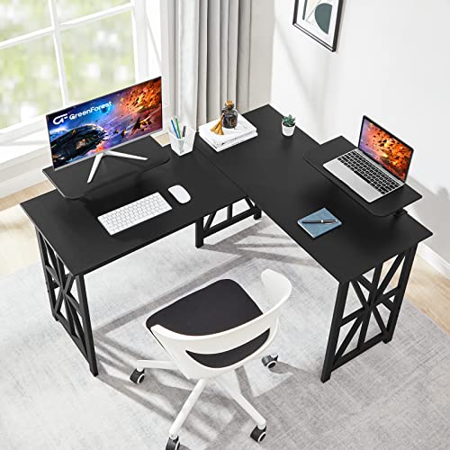 Greenforest L Shaped Desk With 2 Monitor Stand 50.4 Inch Reversible Corner Computer Desk Home Office Gaming Workstation Easy Assembly,Black #TOP1