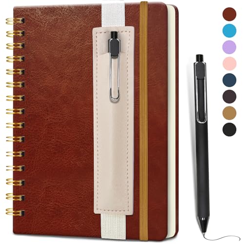 DWIYITTN Carnet de Notes avec Stylo, Cahier Spirale A5 Ligné 160 Pages / 80 Feuilles, Couverture Rigide en Cuir, Journal avec Stylo et Porte-stylo, Bloc-notes, 14.5 x 21 cm, 80 g/m² - Rouge Brun