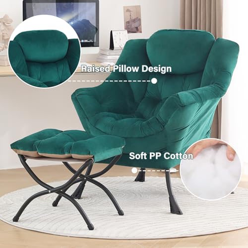 Image of Tiita Lazy Chair with Ottoman, Green Modern Large Accent Chair, Comfy Leisure Sofa Armchair with Ottoman, Reading Chair with Footrest for Bedroom, Living Room, Dorm Rooms, Velvet Green