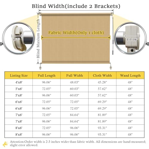 Image of 5' W x 6' H Cordless Outdoor Roller Shades, Wheat | 90% UV Block, Patio Roll Up Outdoor Blinds, 2 Poles & 1 Fabric, Exterior Sun Shade Cloth For Porch, Gazebo, Balcony, Pergola