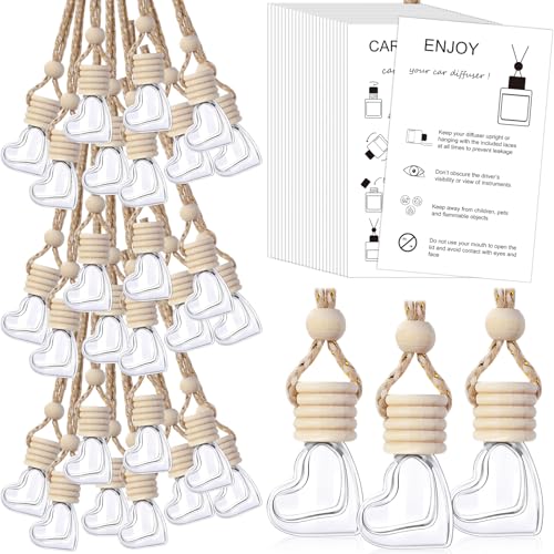 Image of DaisyInner 100 Sets Car Diffuser Bottles Empty Bulk Hanging Car Air Freshener Diffuser Bottles Glass Perfume Holder with Instruction Cards for Essential Oil Wedding Bridal Birthday Gifts (Heart)