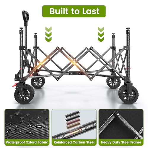 Folding Wagon Cart with Wheels, 180L 330LBS Heavy Duty Utility Wagon, Beach Wagon with All-Terrain Wheels, Portable Grocery Wagons for Camping, Shopping, Garden, Sports, Black