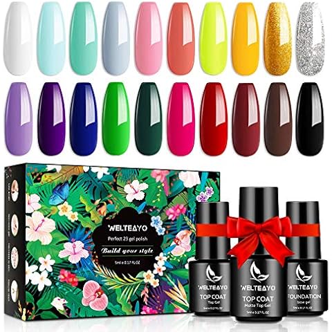 Gel Nail Polish,WELTEAYO Nail Polish Set, 23 Pcs Soak Off Glitter Light Dark Gel Collection with Base Coat and No Wipe Glossy Matte Top Coat for Nail Art Salon Starter Manicure DIY At Home Cover