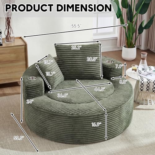 Image of Oversized Round Chair Lounge Chaise Indoor, 55.5 inch Upholstered Corduroy Deep Seat Single Cloud Sofa Chair with Cup Holder, Modern Large Circle Boneless Sleeper Sofa for Living Room,Green