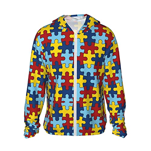 Autism Puzzle Summer Sun Protection Hoodie Jackets, Long Sleeve Sun Shirt Zip Front Rash Guard Sunblock Jacket