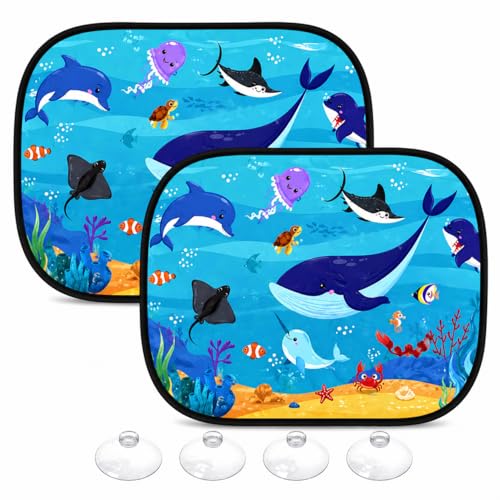 Parasole Auto Bambini 2 Pezzi 44x38 cm – Tendine Parasole Laterale con Ventose, Protezione UV, Pieghevole, Universale per Auto, Anti Calore per Bambini e Neonati (Animali Marini)