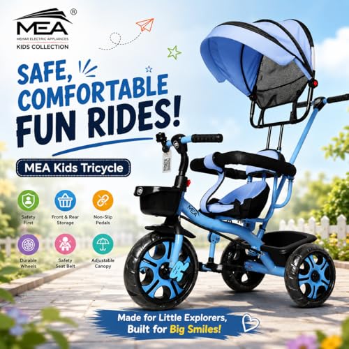 Image of MEA Kids Tricycle with Adjustable Canopy & Parent Push Handle | Safe Baby Trike with Safety Guard Rail, Comfortable Seat & Storage Basket | Play Ride-On Tricycle for Toddlers Boys & Girls - Blue