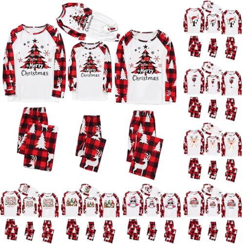 QotLoyi family matching christmas pajamas,christmas pajamas for family trendy printed christmas pjs matching sets casual plaid xmas holiday sleepwear 2025
