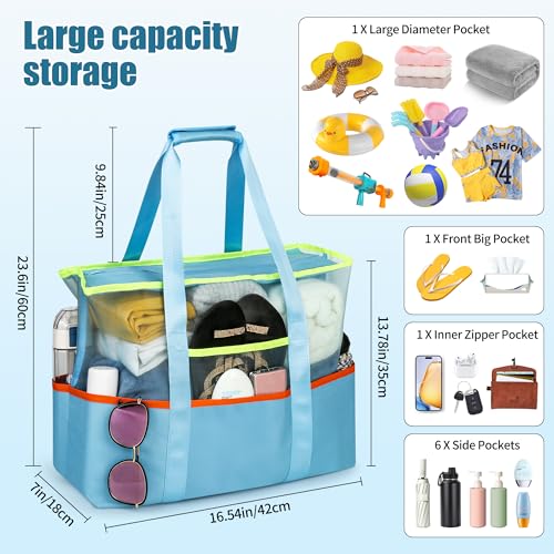 Tote Beach Bag with Zipper, Large Foldable Mesh Travel Bag for Women, Waterproof Sandproof Cruise Utility Work Vacation3