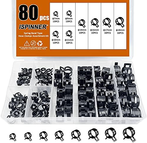 ISPINNER 80pcs Spring Band Type Fuel/Silicone Vacuum Hose Pipe Clamp, 7mm-18mm Low Pressure Air Clip Clamp 7mm 9mm 10mm 11mm 14mm 16mm 17mm 18mm (Black)