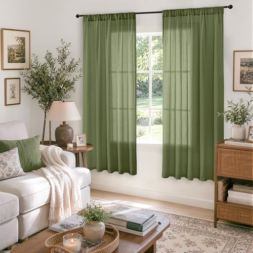 Image of BGment Olive Green Linen Curtains 63 Inches Long for Living Room - Semi Sheer Light Filtering Window Drapes with Rod Pocket Textured Lightweight for Bedroom, 2 Panels Set, Each 52 Inch Wide