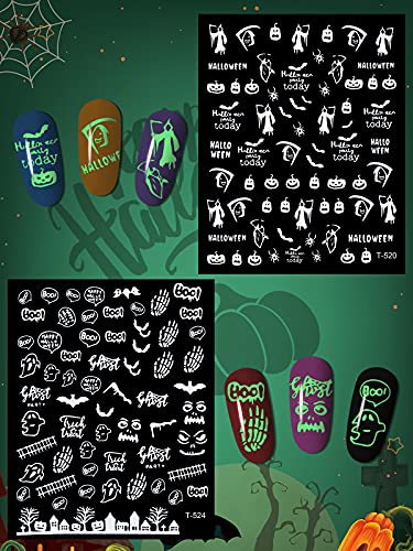 14 Blatt Halloween Leuchtend Nagelkunst-Aufkleber,TOROKOM Glow in Dark 3D Selbstklebende Halloween Kürbis Spinne Schädel… – Bild 6