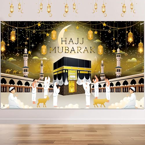 Hajj Mubarak Backdrop Banner - Hajj Mubarak Decorations Ramadan Banner Backdrop 43x70 inch Black Gold Photo Booth Background for Islamic Party Supplies Muslim Eid Festival Decor
