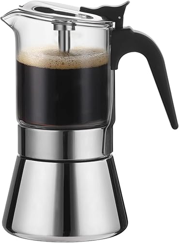 Moka - Cafetera de inducción con válvula de presión, tapa de cristal y olla de moka esprosso de acero inoxidable, cafetera italiana clásica de 5.4