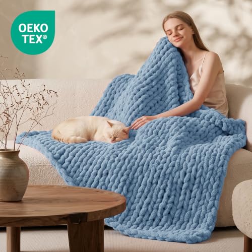 Image of L'AGRATY Chunky Knit Throw Blanket for Couch, 50 x 70 Inches, Airy Blue