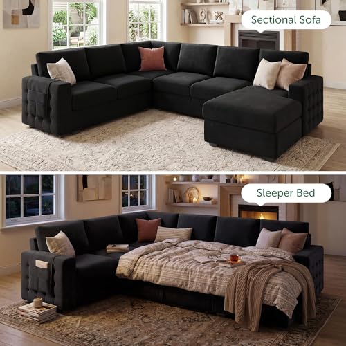 Image of HONBAY Sectional Sleeper Sofa with Pull Out Bed U-Shape Sectional Couch with Storage Chaise 6 Seater Sleeper Sectional Sofa Bed, Velvet Black