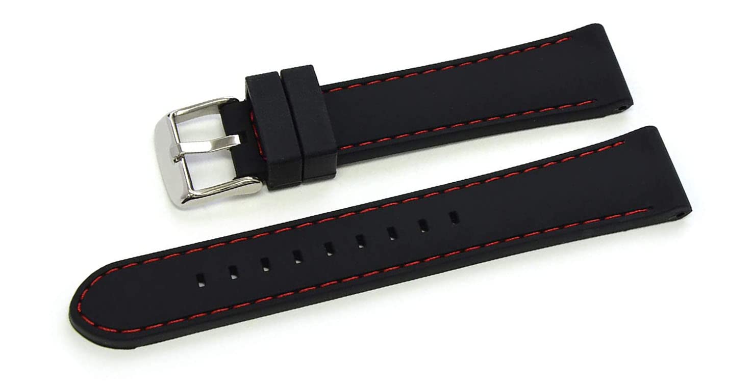 EWatchAccessories 20mm Silicone Rubber Black With Red Stich Watch Band Strap for Men and Women | Comfortable and Durable Material | Silver Pin Buckle (B09J25MD3F) Amazon Price History, Amazon Price Tracker
