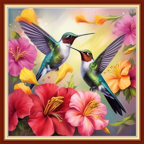 Image of Foxhool Beginners Cross Stitch Kits Stamped Full Range of Embroidery Kits for Adults DIY Cross Stitches kit Embroidery Patterns for Needlepoint kit-Hummingbird Couple 18x18 inch