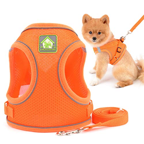 SMALLLEE_LUCKY_STORE 犬猫用 メッシュ ハーネス リード 小型犬 超小型犬 子犬 ソフト胴輪 はーねす 簡単着脱 調節可能 全身反射 引っ張り防止 耐久性 軽量 通気 訓練 散歩 お出かけ 6色,オレンジ,XS