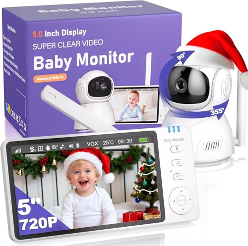 OBVHNUA 5'' Camara Vigilancia Bebe, 355°PTZ Vigilabebes con Camara, Zoom 2X 4X, VOX, Visión Nocturna, Comunicación Bidireccional, Monitoreo de Temperatura, Grabación de Vídeo, 720p