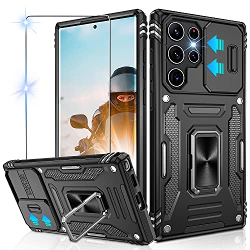 Jshru for Samsung S22 Ultra 5G Case with [Upgraded] Slide Camera Cover,Military Grade Shockproof S22 Ultra Case with Ring Kickstand, Anti-Scratch Cover for Samsung Galaxy S22 Ultra,Black