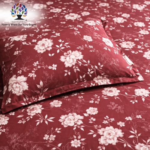 Image of Dream Living Printed Floral Single Bedsheet with 1 Pillow Cover | 120 GSM | 150x220 Cm | Maroon