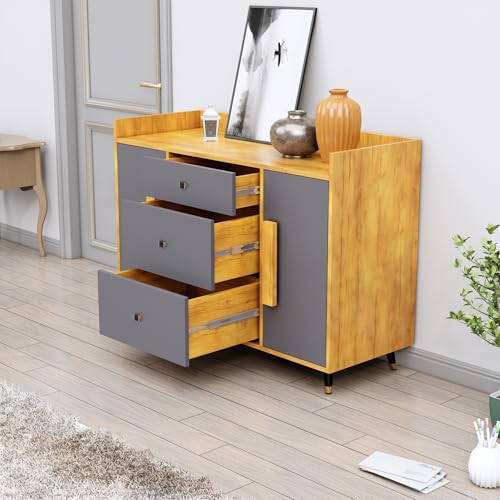 Image of Bniture Wooden Sideboard Cabinet for Living Room | Wooden Storage Cabinet with 2 Door & 3 Drawer | Engineered Wood Multipurpose Cabinet with Spacious Shelves for Home | Giant Wood & Slate Grey