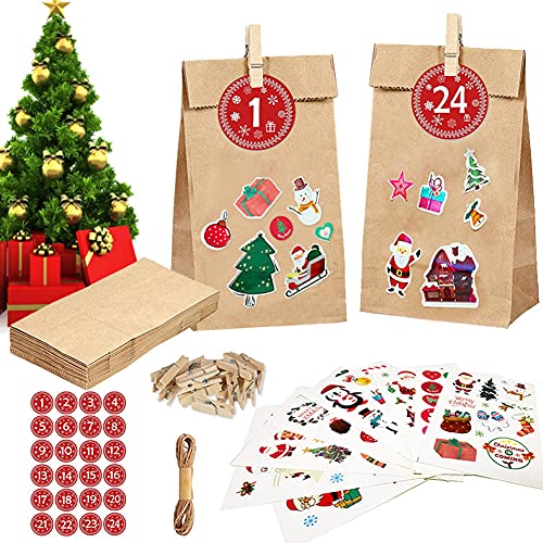 Koomuao 24 Sacs en Papier Cadeau de Calendrier de l'Avent DIY Remplir Sac Cadeau de Noel, Sachets en Papier Kraft Sacs Calendrier Surprise Pour Noël Cover