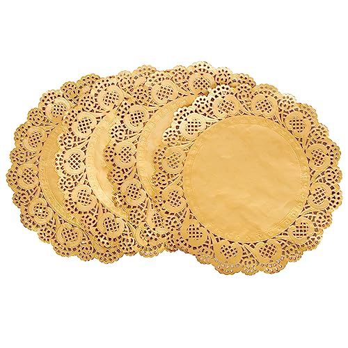 Amkoskr 14 Inch 100 Pcs Round Lace Gold Paper Doilies Gold Foil Paper Placemats Doily Paper Pad for Cakes Crafts Party Weddings Tableware Decor