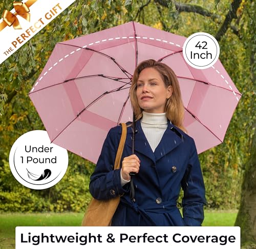 Image of TUMELLA Strongest Windproof Travel Umbrella (Compact, 100MPH Wind-Tested), Light, Portable, One-Handed Use, Automatic Folding Rain Umbrella, Durable, Premium Grip, Fits Car & Backpack