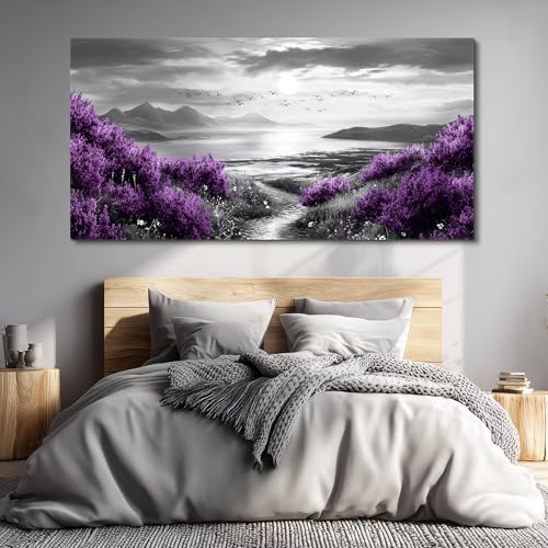 Canvas Wall Decor for Bedroom Large Wall Art for Living Room Modern Office Wall Decoration Purple Flowers Landscape Paintings Black and White Scenery Pictures Artwork Aesthetic Home Decor