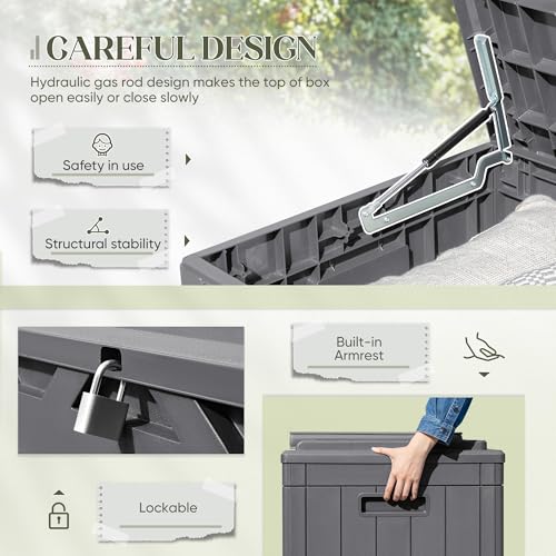 Image of Greesum 100 Gallon Resin Deck Box Large Outdoor Storage with Cushion, Gray