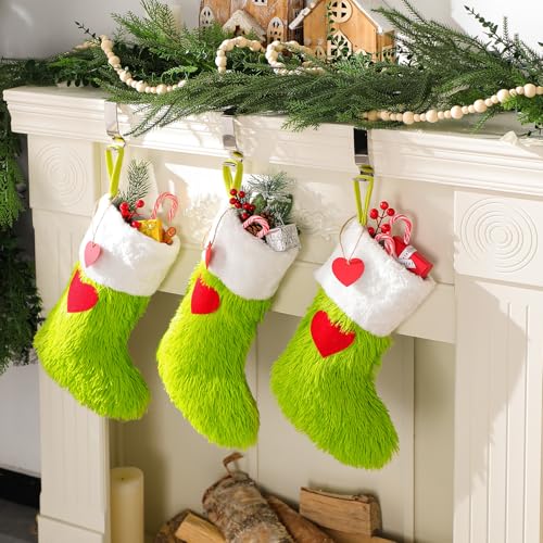 4 Pcs 18 Inch Green Christmas Stockings Green Faux Fur Xmas Stockings with Tag Hanging Green Elf Christmas Stockings Treat Bag Candy Pouch Holder Fireplace Hanging Decor for Xmas Holiday Family Party by Cozypower - Image 4