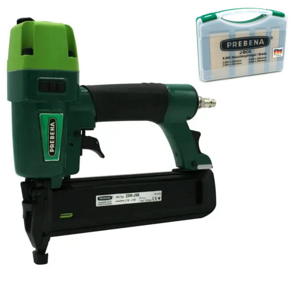 Prebena Clavadora neumática 2XR-J50 grapadora + J-Box clavos de cabeza de calambre Brads