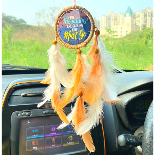 Rooh Dream Catcher ~ Mountains Are Calling Car Hanging ~ Handmade Hangings for Positivity ( Can be Used as Home Decor, Gift, Wall Hangings, Meditation Room, Yoga Temple, Feather Wind Chime & Car Hanging )