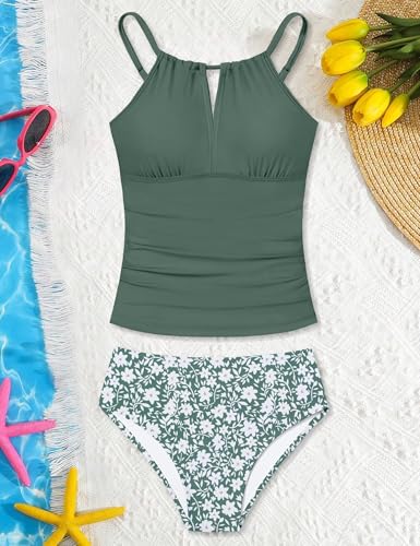 Image of Girls Swimsuit Halterneck 2 Piece Girl Swimsuit with Floral Print Shorts Ruched Girls Tankini Swimsuit 11-18 Years