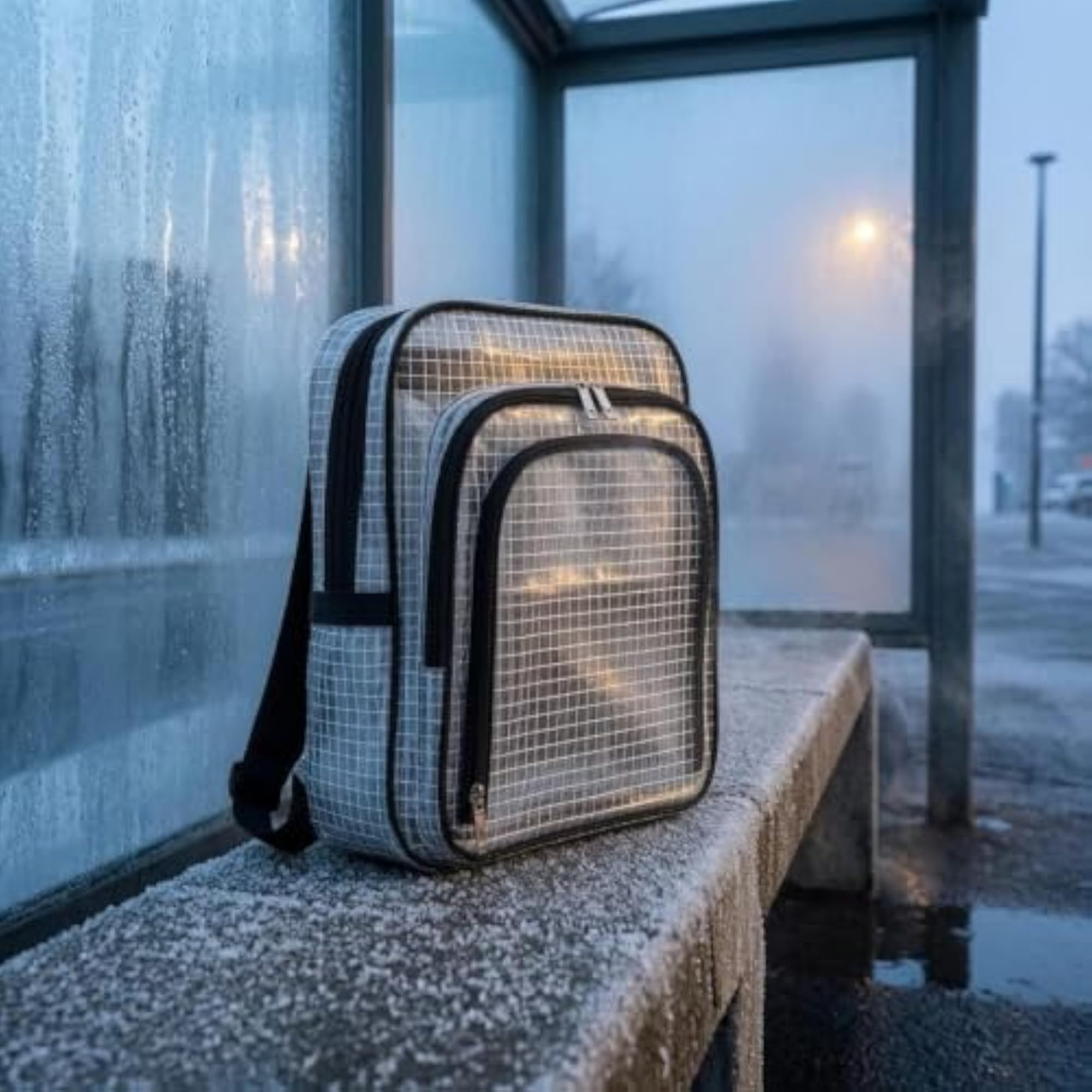 Black Trim Grid PVC Transparent Backpack, Clear
