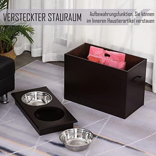 PawHut Erhöhter Hundenapf Futternapf mit Staumraum Wassernapf 2 x 2000ml Edelstahlnäpfen Hundenäpfe Fressnapf Futterstation für Hunde Katzen Espresso