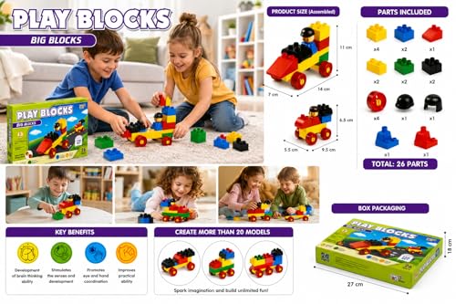 Image of Negi Play Block CAR Set Play Blocks Big Blocks Car Set, 26 Pieces Educational Building Blocks Toy for Kids 3+ Years, Colorful Interlocking Construction Set