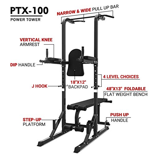 Mikolo Power Tower, 700 LBS Dip Station with Flat/Sit-Up Weight Bench, Pull Up Bar for Home Gym, Workout, Strength Training (2021 New)