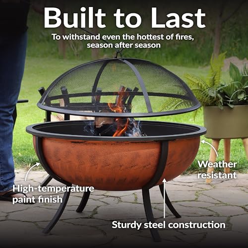Sunnydaze 32-Inch Copper Fire Pit for Outside - Wood-Burning Fire Pit Bowl with Spark Screen, Wood Grate, and Poker - Image 7