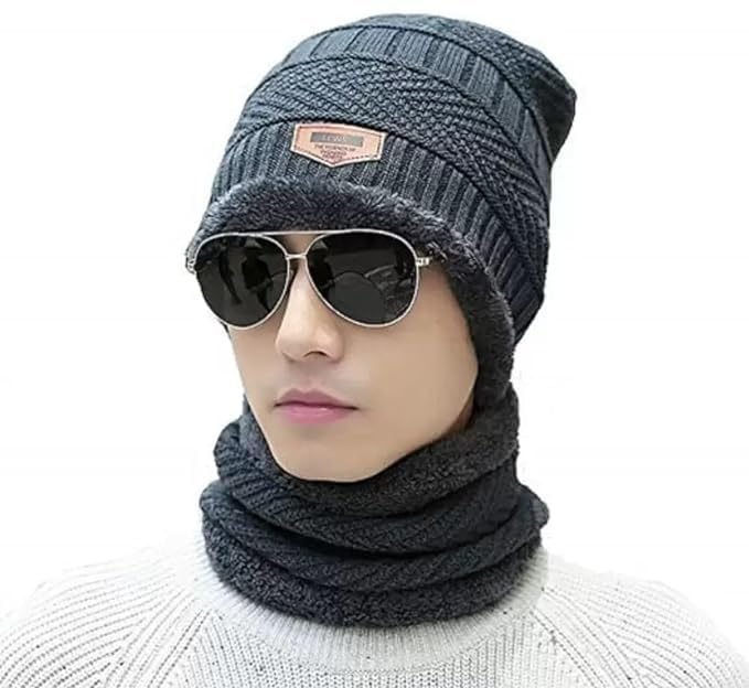 Uniqon Grey Color Men and Women Winter Woolen Thick Knitted Stretchable Soft Fleece Fur Lined Hat Neck Muffler-image-24