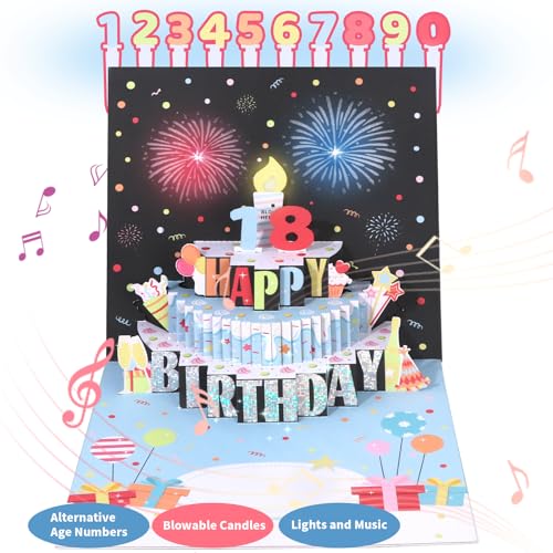 Birthday Gift Cards-3D Firework Pop Up Cake Postcards, DIY Age Blowable LED Light Candles Cards with Happy Birthday Music, Perfect Greeting Gifts for Men Women Mom Father Wife Boys Girls Friends Kids